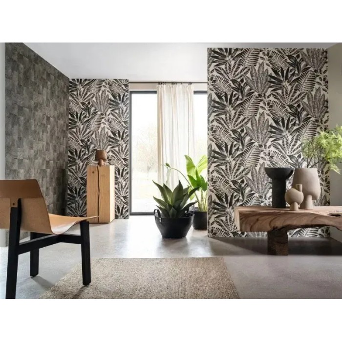 Casamance|Mosaik Tapete exotische Blätter Holzeffekt grau-schwarz|Holzimitat