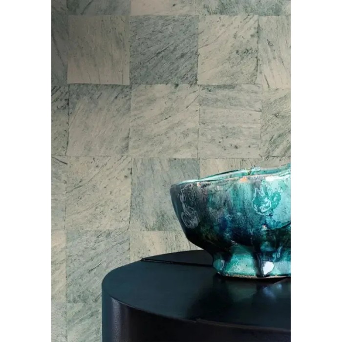 Casamance|Papier peint mosaïque feuilles exotiques effet bois vert beige|Imitation Bois