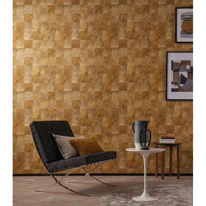 Casamance|Mosaik Tapete exotische Blätter Holzeffekt gelb|Holzimitat