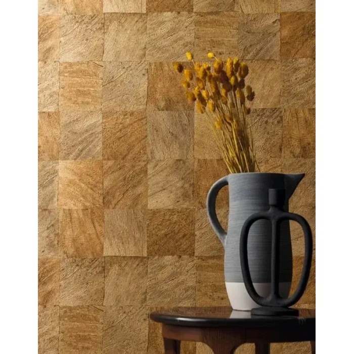 Casamance|Papier peint mosaïque feuilles exotiques effet bois jaune|Imitation Bois