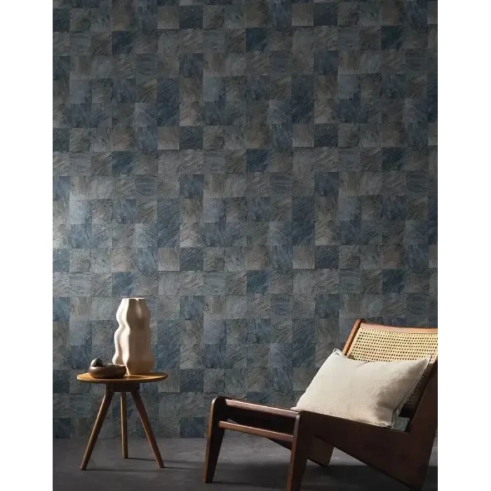 Casamance|Papel pintado mosaico hojas exóticas efecto madera azul gris|Imitacion Madera