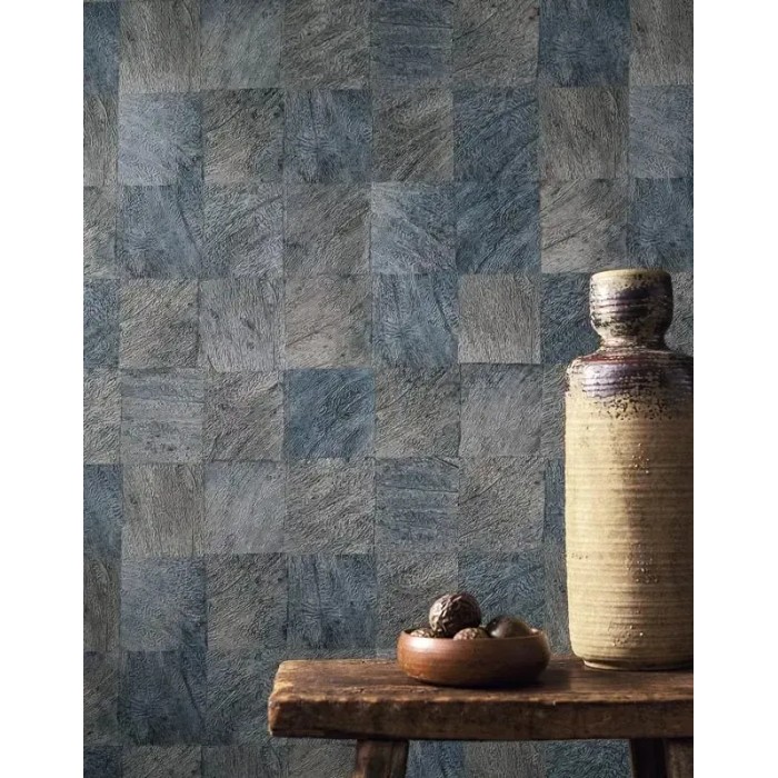 Casamance|Papel pintado mosaico hojas exóticas efecto madera azul gris|Imitacion Madera