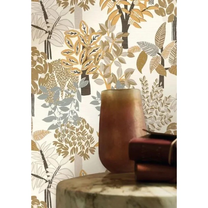 Casamance|Papier peint tropical bambou et figuiers blanc et doré|Haut Gamme