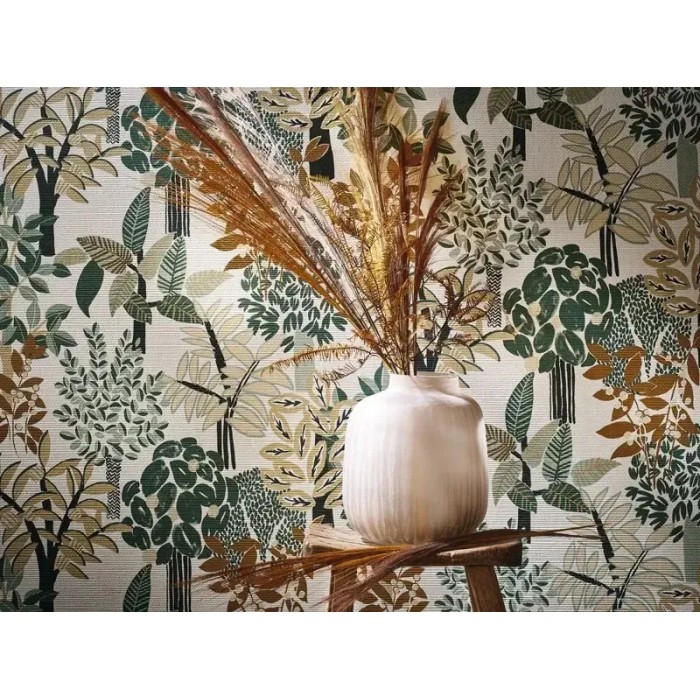 Casamance|Papier peint tropical bambou et figuiers blanc et vert|Haut Gamme