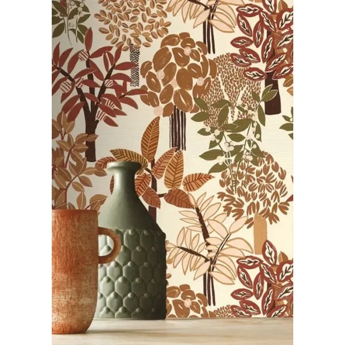 Casamance|Papier peint tropical bambou et figuiers blanc et ocre|Haut Gamme