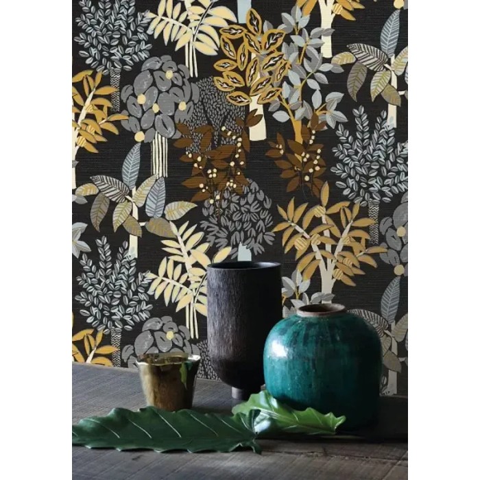 Casamance|Papier peint tropical bambou noir élégant avec fibres naturelles|Papier Peint