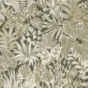 Casamance|Papel pintado floral hojas verde caqui efecto paja natural|Étnico
