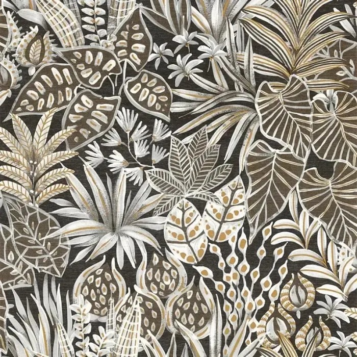 Papel pintado floral hojas blanco y negro estilo fibra natural - Casamance Golfe Du Bengale 75950916