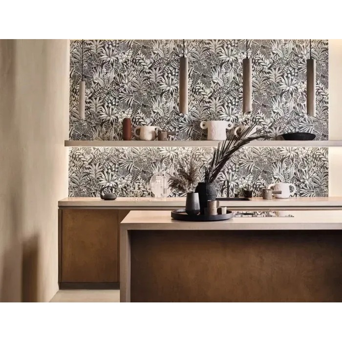 Casamance|Florale Tapete Blätter schwarz-weiß Naturfaserstil|Ethnisch