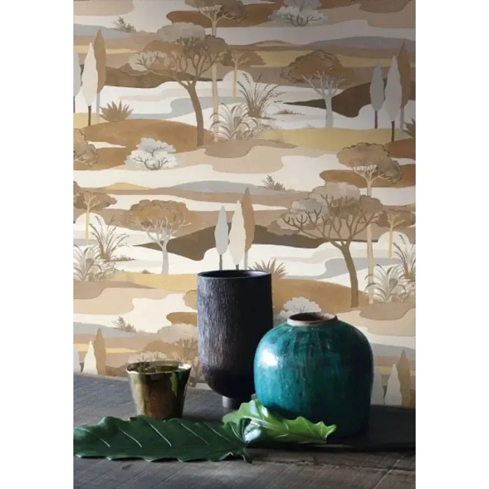 Casamance|Wallpaper forest landscape beige and brown watercolor style|Figurative