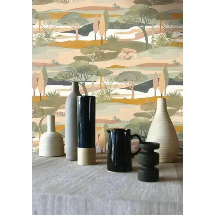 Casamance|Wallpaper forest landscape beige white and green watercolor|Figurative