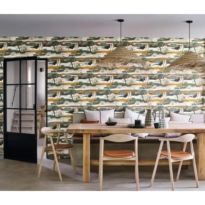 Casamance|Papel pintado paisaje bosque blanco verde y ocre acuarela|Figurativo