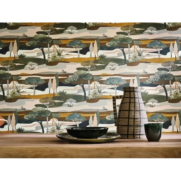 Casamance|Wallpaper forest landscape white green and ochre watercolor|Figurative