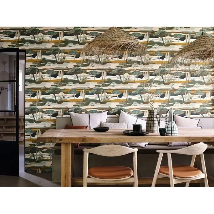 Casamance|Wallpaper forest landscape white green and ochre watercolor|Figurative