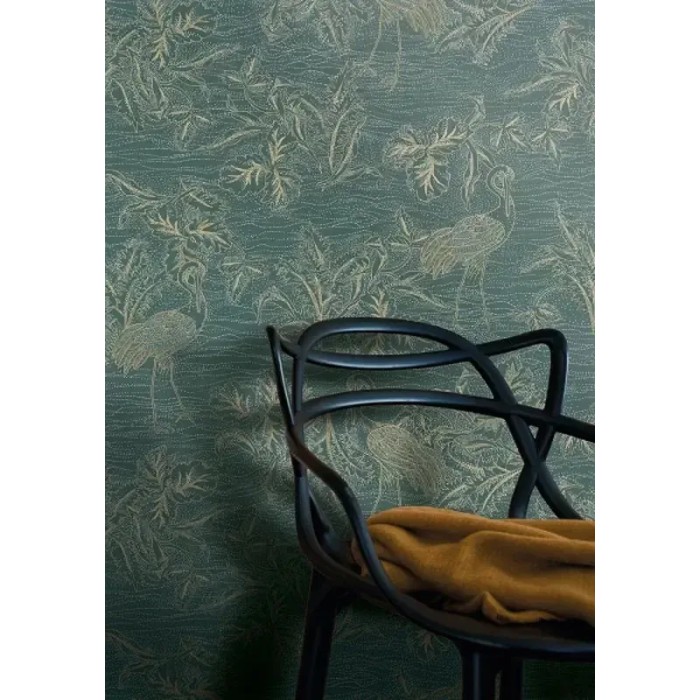 Papel pintado grullas verdes y doradas acabado metálico - Casamance L'ile Aux Oiseaux 75891732