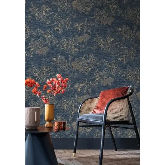Casamance|Kranichtapete blau dekorativ metallisch|Tapeten