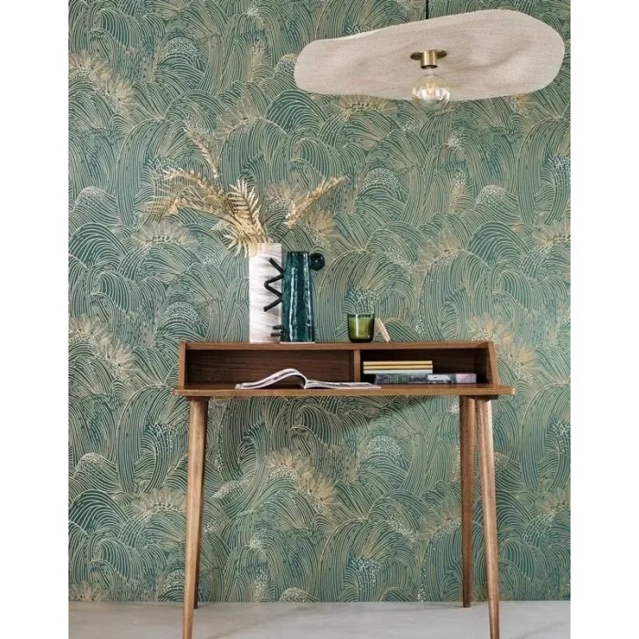 Casamance|Papel pintado abstracto oleaje verde y dorado metalizado|Abstracto