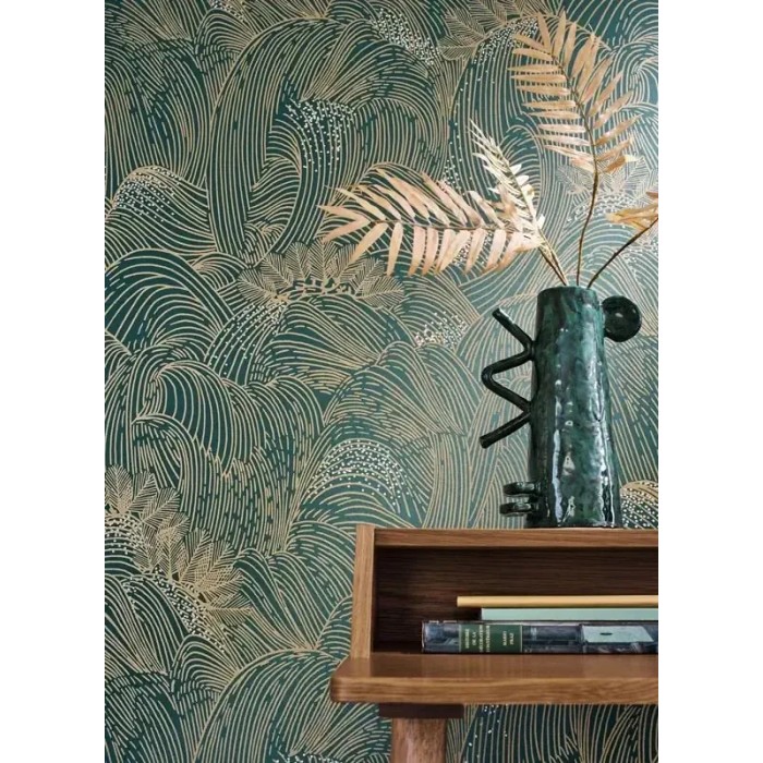 Casamance|Papel pintado abstracto oleaje verde y dorado metalizado|Abstracto