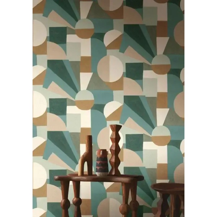 Casamance|Geometrische Tapete grün künstlerischer Delaunay-Stil|Abstrakt