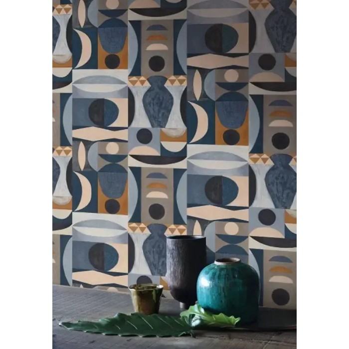 Casamance|Papier peint géométrique bleu inspiré d’Auguste Herbin|Ethnique