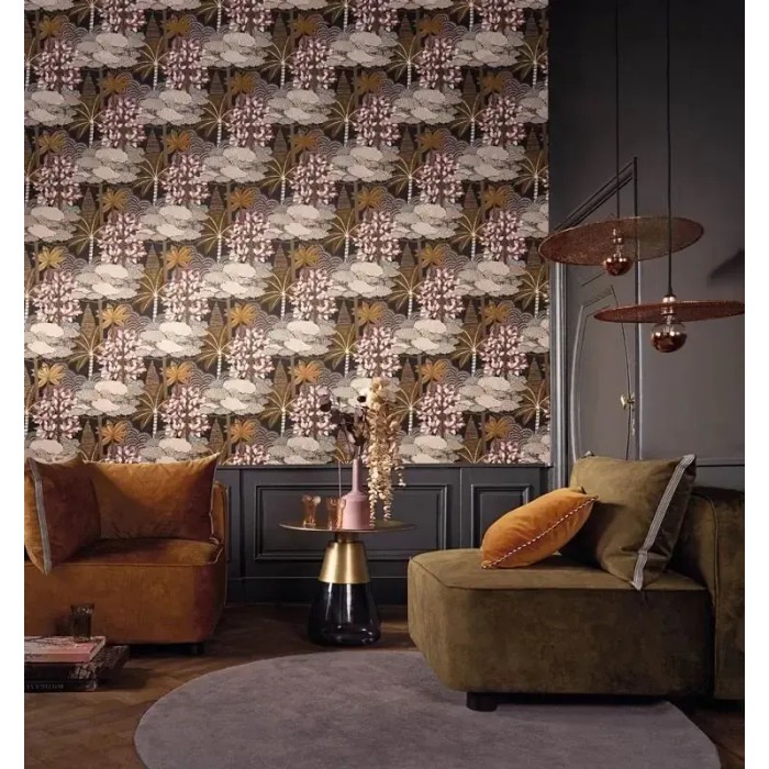 Casamance|Papier peint oasis floral moderne anthracite grenat|Oriental