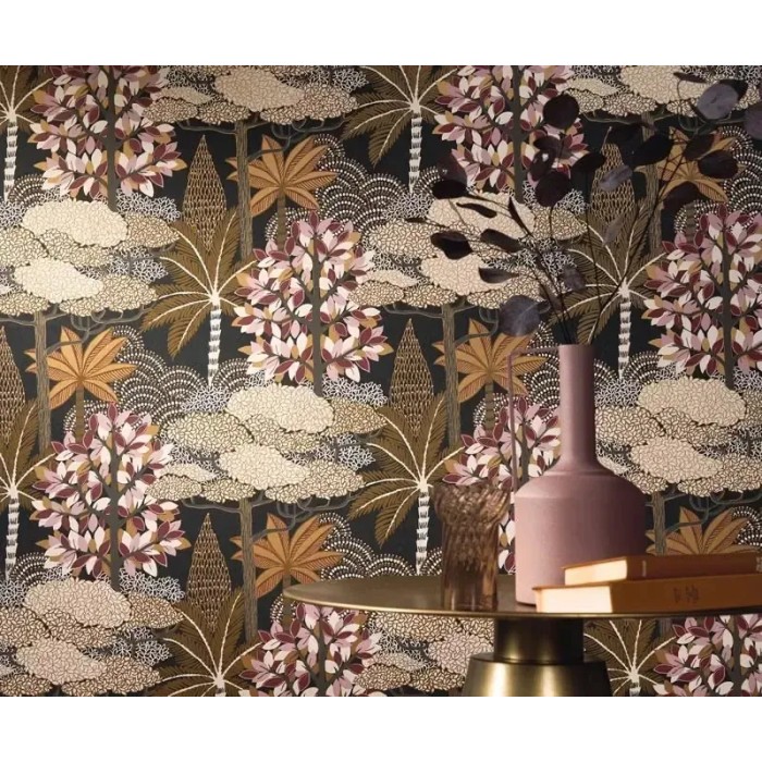 Casamance|Papier peint oasis floral moderne anthracite grenat|Oriental