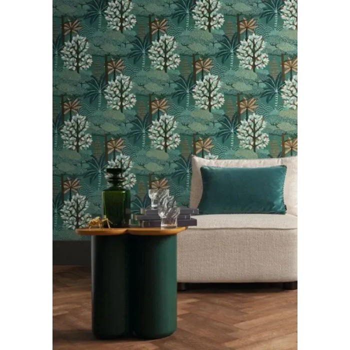Casamance|Papier peint oasis floral moderne vert et doré|Oriental