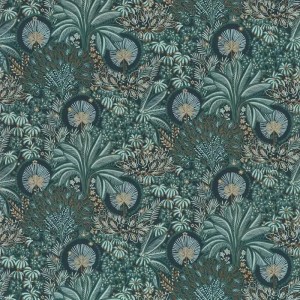 Casamance|Papier peint oasis floral moderne noir bleu et doré|Tropical