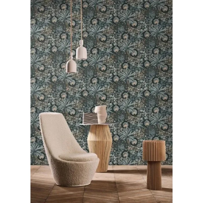Casamance|Wallpaper modern floral oasis black blue and gold|Tropical