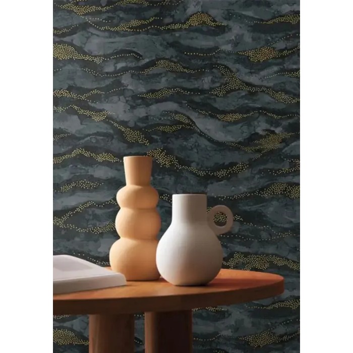 Casamance|Wallpaper watercolor seascape black grey and gold|Oriental