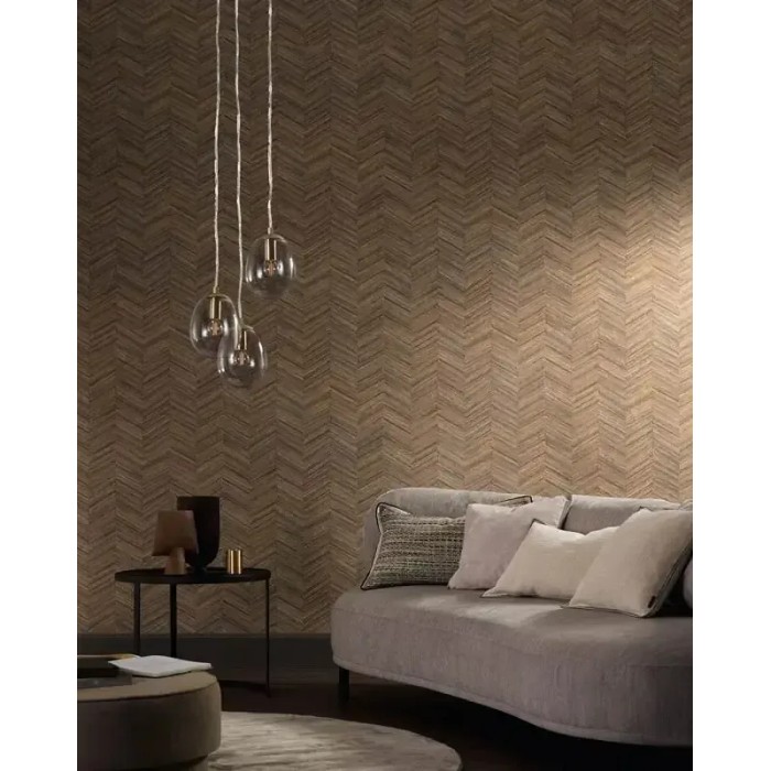 Casamance|Papier peint chevron fibres naturelles tissées brun|Imitation Bois