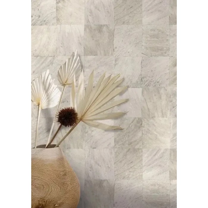 Casamance|Papel pintado mosaico hojas exóticas efecto madera beige|Imitacion Madera