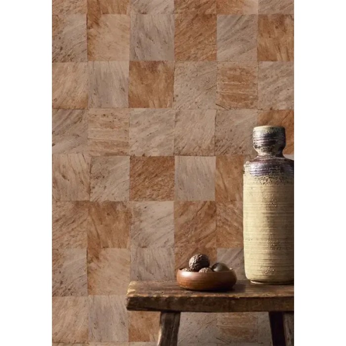 Casamance|Mosaik Tapete exotische Blätter Holzeffekt braun|Holzimitat