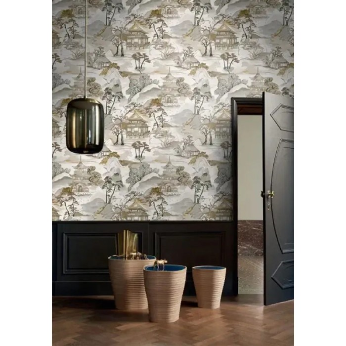 Casamance|Papel pintado oriental paisaje japonés gris azulado y marrón|Figurativo