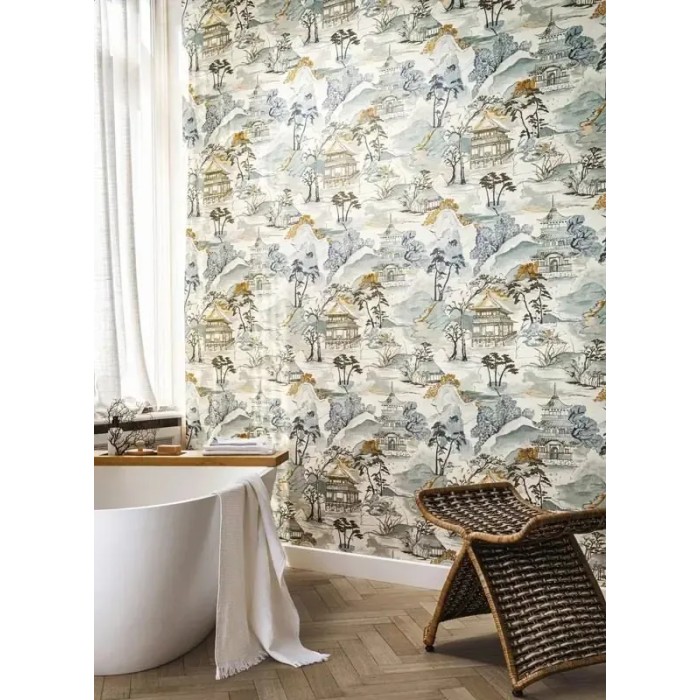 Casamance|Wallpaper oriental Japanese landscape bluish grey and brown|Figurative