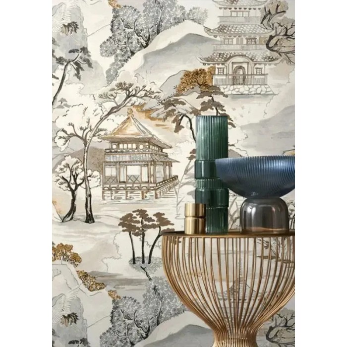 Casamance|Papel pintado oriental paisaje japonés gris azulado y marrón|Figurativo