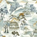 Casamance|Papier peint oriental paysage japonais vert et bleu aquarelle|Figuratif