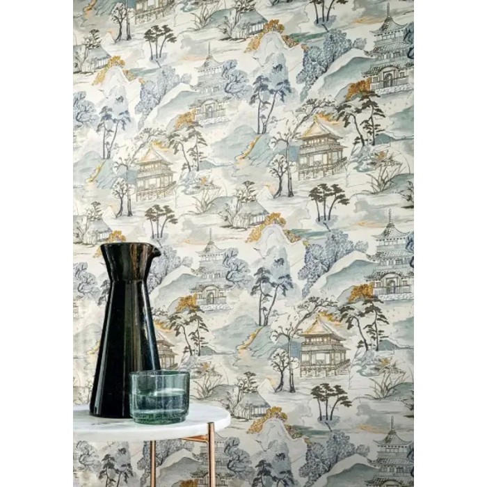Casamance|Papel pintado oriental paisaje japonés verde y azul acuarela|Figurativo