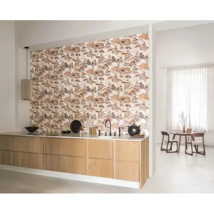 Casamance|Wallpaper oriental Japanese landscape orange watercolor effect|Figurative