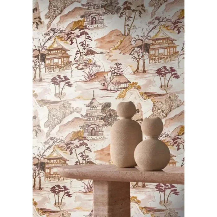 Casamance|Oriental Tapete Japanische Landschaft orange Aquarell-Effekt|Figurative