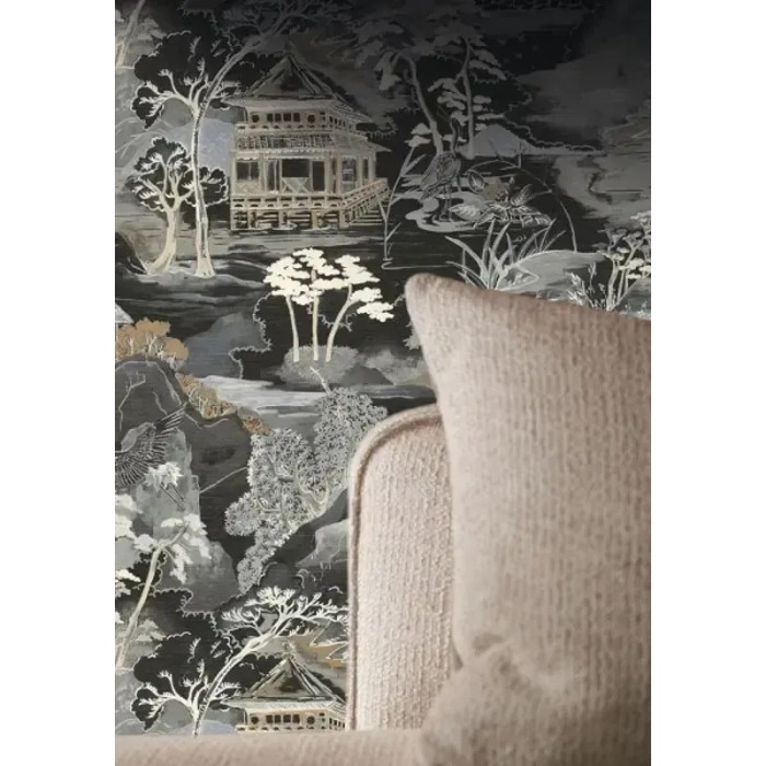 Casamance|Wallpaper oriental Japanese landscape black and grey watercolor|Figurative