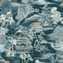Casamance|Oriental Tapete Japanische Landschaft blau im Aquarellstil|Figurative