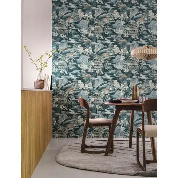 Casamance|Oriental Tapete Japanische Landschaft blau im Aquarellstil|Figurative