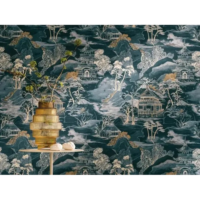 Casamance|Papel pintado oriental paisaje japonés azul estilo acuarela|Figurativo