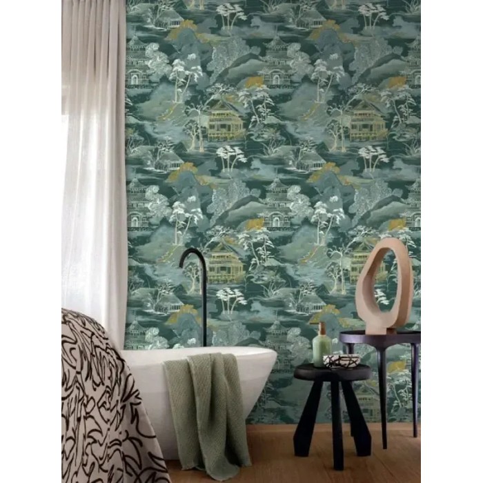 Casamance|Wallpaper oriental Japanese landscape green watercolor style|Figurative