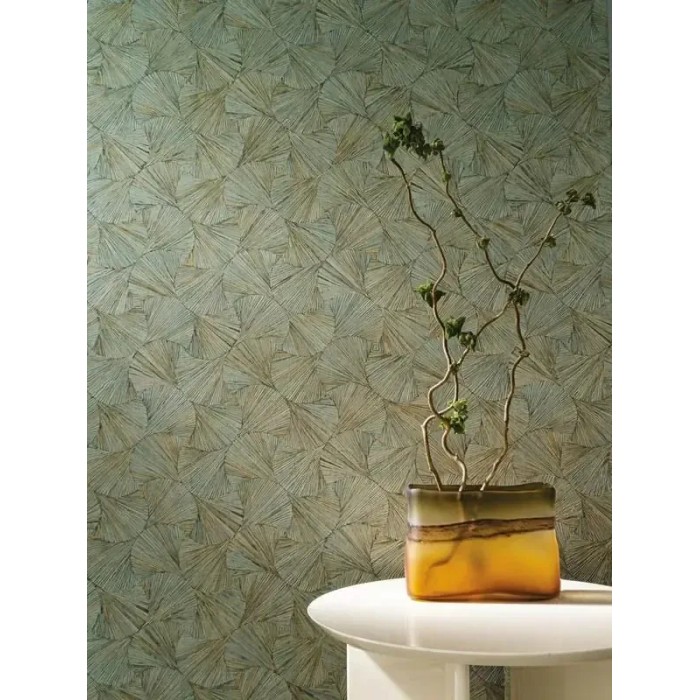 Casamance|Papel pintado oriental abanicos fibra natural verde|Imitacion Rafia
