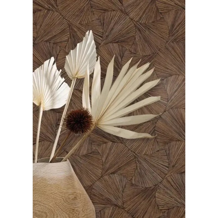 Casamance|Papel pintado oriental abanicos fibra natural marrón castaño|Imitacion Rafia