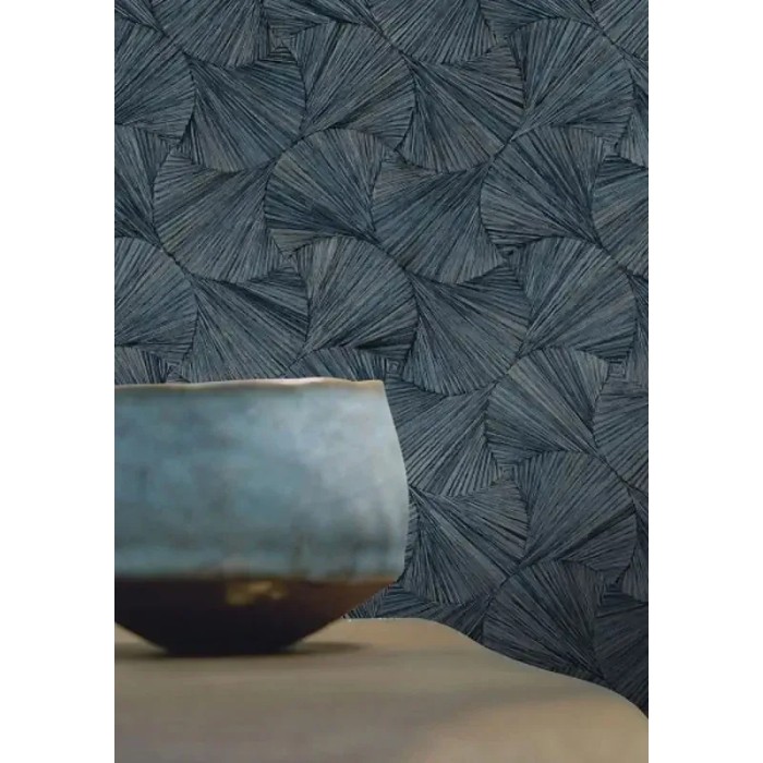 Casamance|Papier peint oriental éventails fibre naturelle bleu|Imitation Raphia