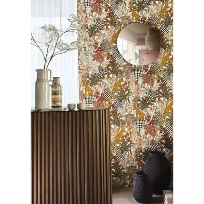 Casamance|Papel pintado tropical selva panteras caqui|Étnico