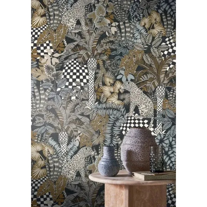 Casamance|Tropische Tapete Dschungel Panther schwarz-grau|Ethnisch
